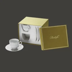 Christofle 2 Porcelain Coffee Cup and Saucers Platinum Finish