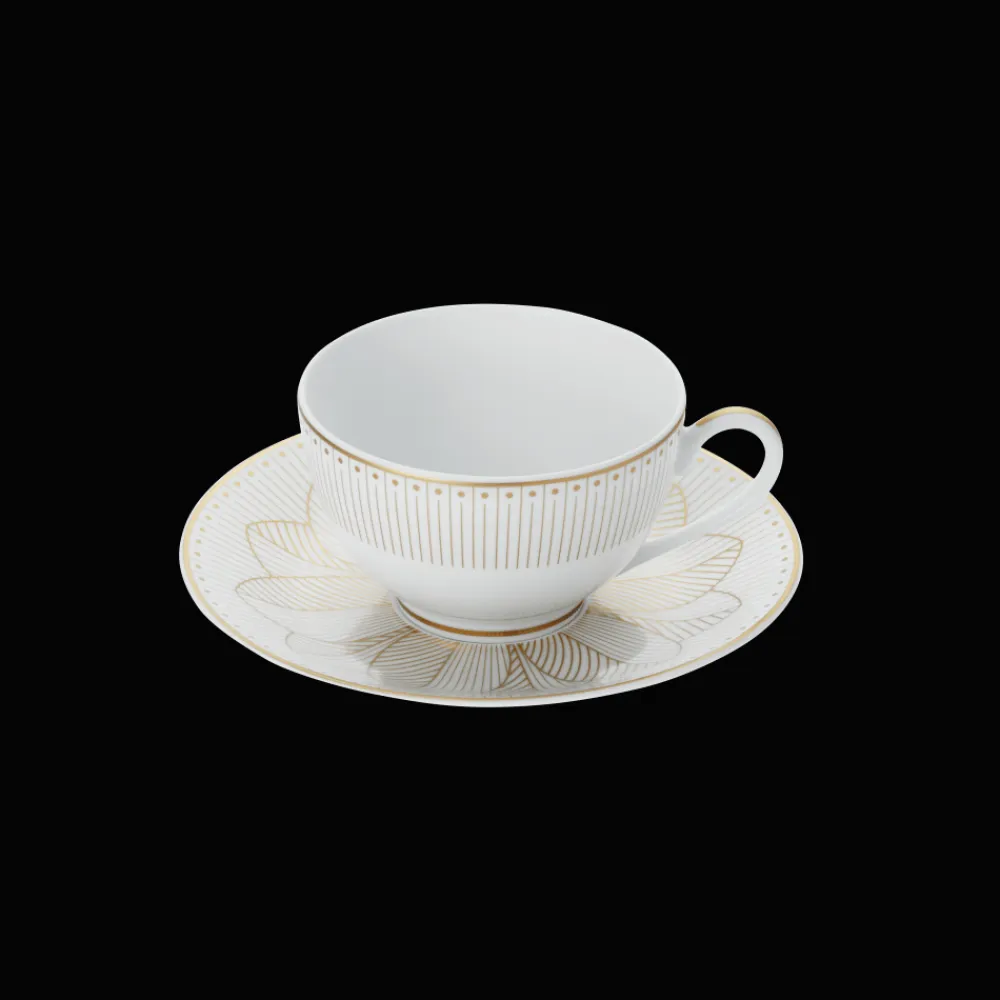 Christofle Set of 2 Porcelain Tea Cup and Saucers Gold Finish