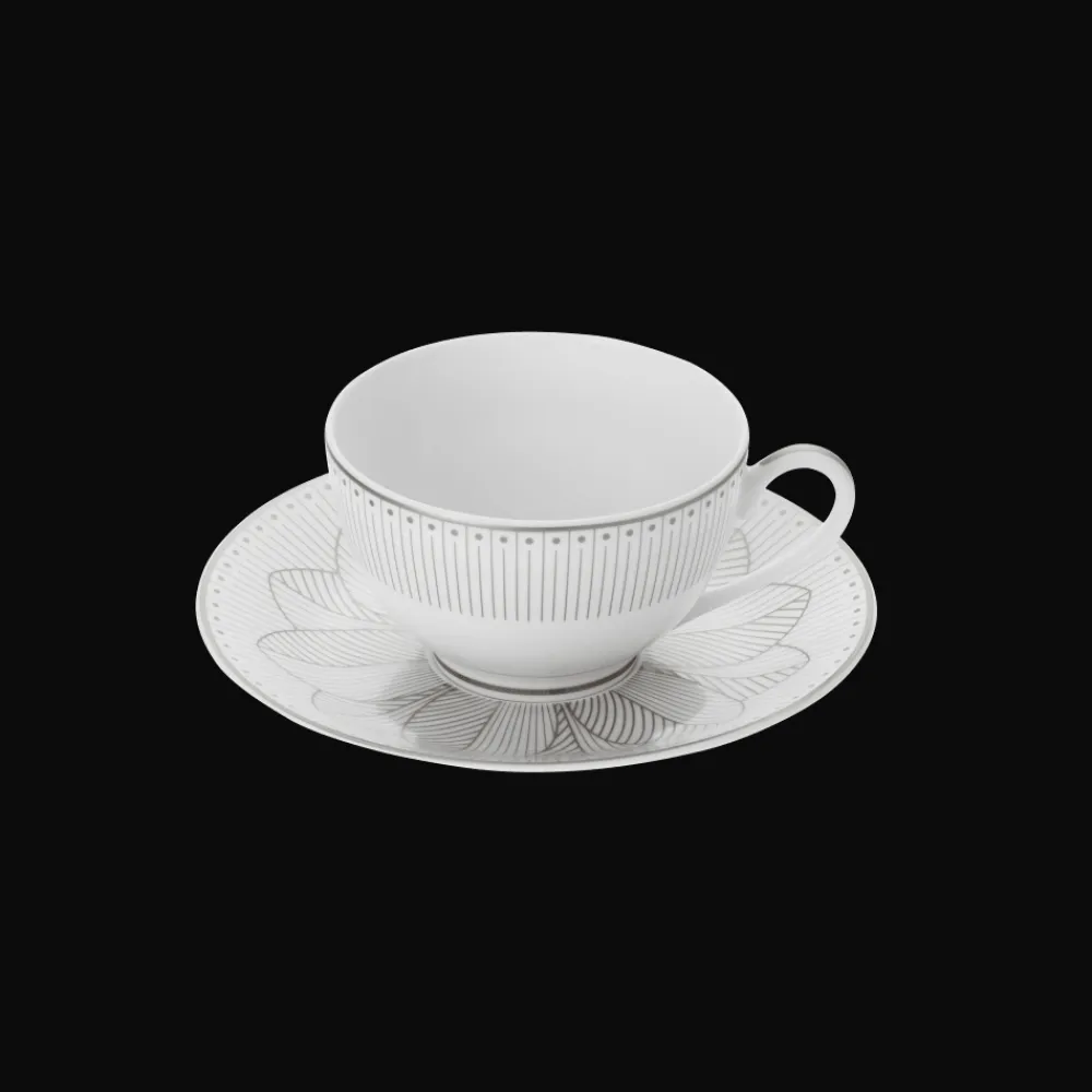 Christofle Set of 2 Porcelain Tea Cup and Saucers Platinum Finish
