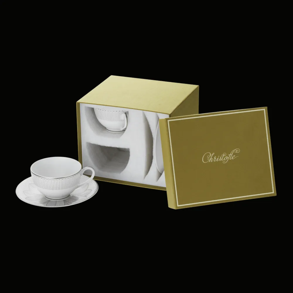Christofle Set of 2 Porcelain Tea Cup and Saucers Platinum Finish