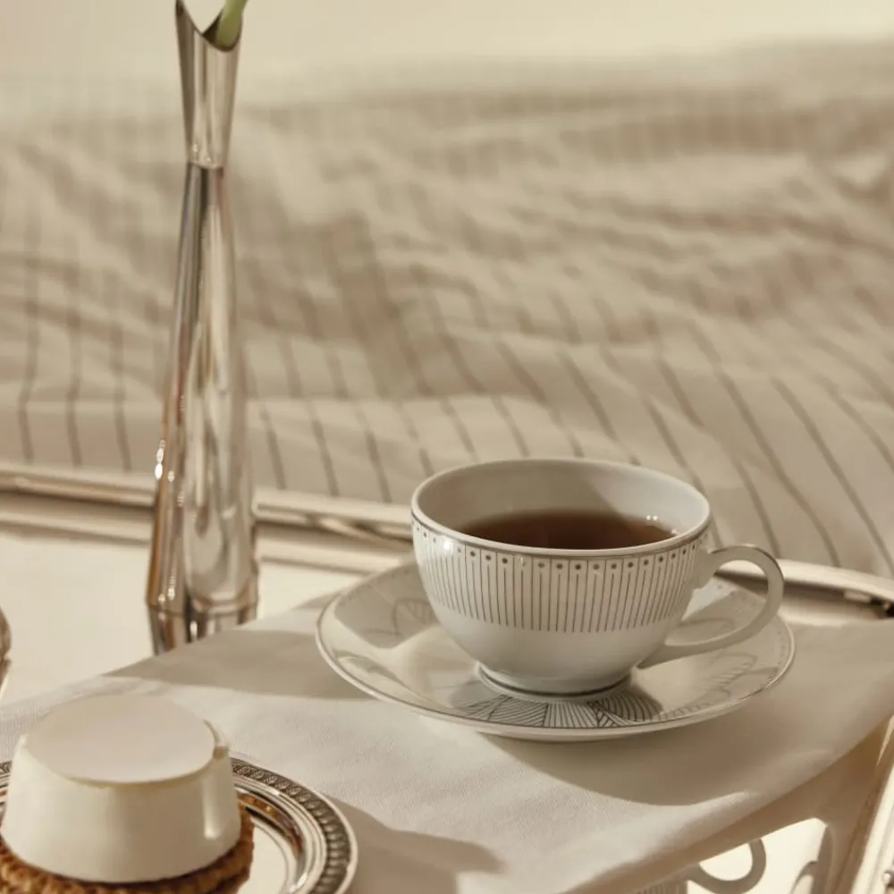 Christofle Set of 2 Porcelain Tea Cup and Saucers Platinum Finish