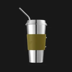 Christofle Stainless Steel Coffee Cup with Imperial Green Leather Grip