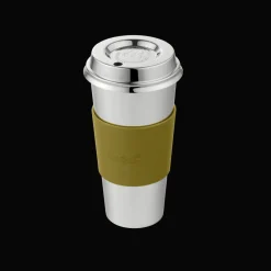 Christofle Stainless Steel Coffee Cup with Imperial Green Leather Grip
