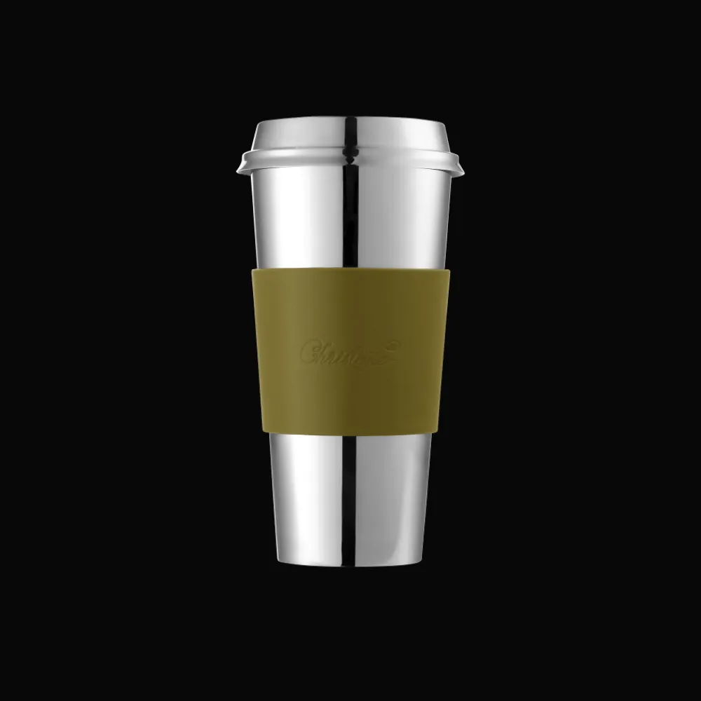 Christofle Stainless Steel Coffee Cup with Imperial Green Leather Grip