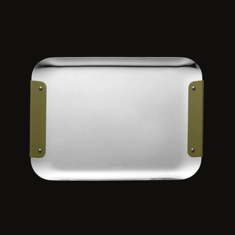Christofle Stainless Steel Imperial Green Handle Rectangular Tray - 13 x 9 in